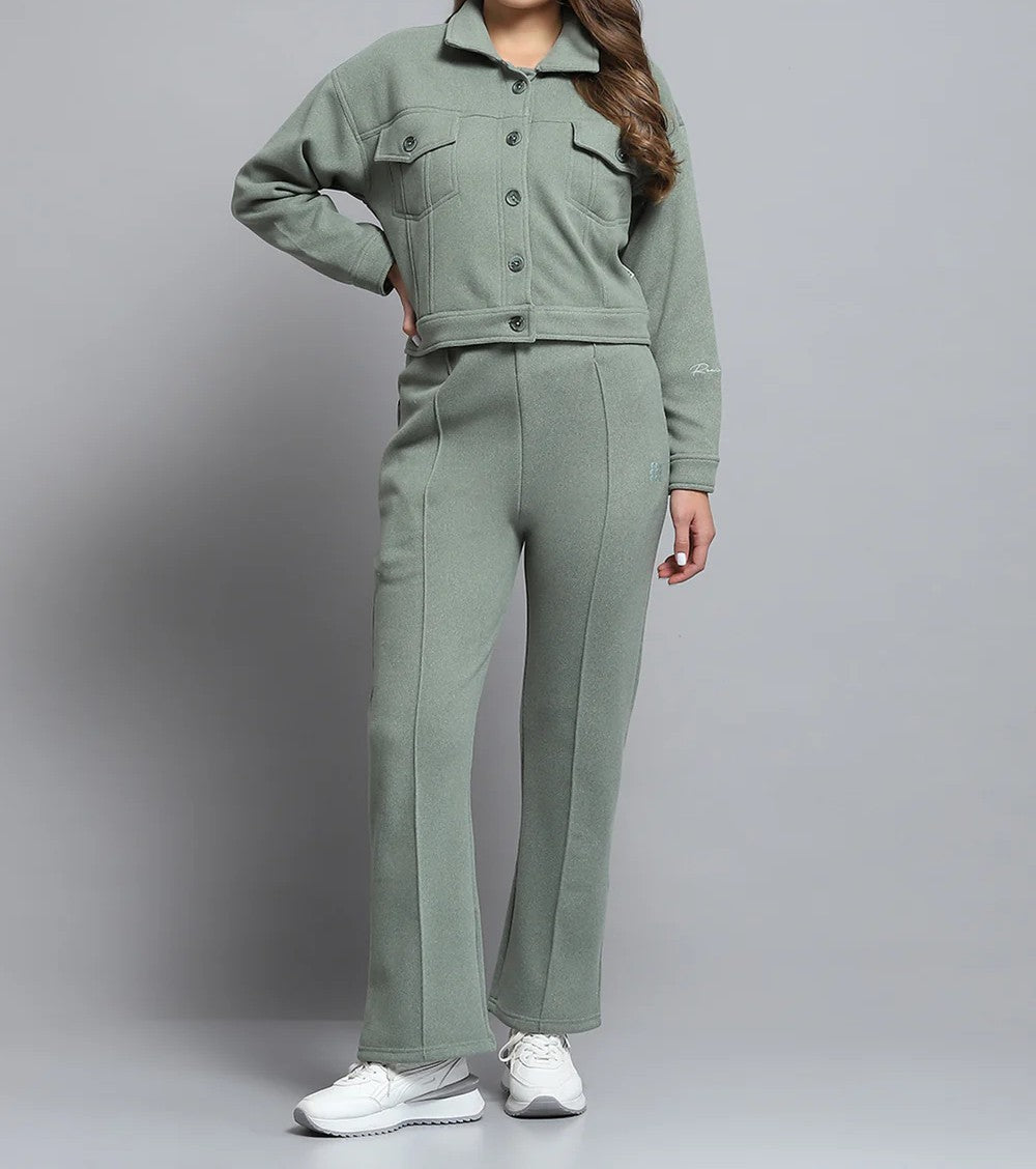 Women Green Solid Collar Full Sleeve Tracksuit