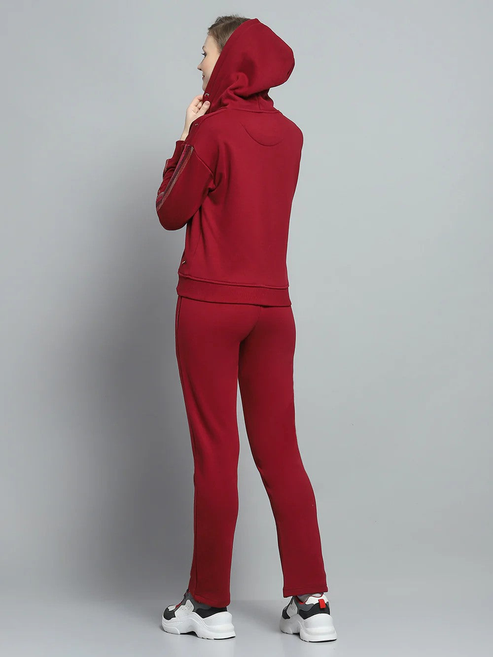 Women Maroon Printed Hooded Full Sleeve Tracksuit