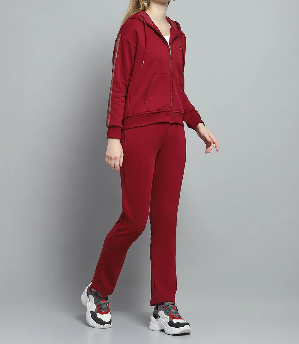 Women Maroon Printed Hooded Full Sleeve Tracksuit
