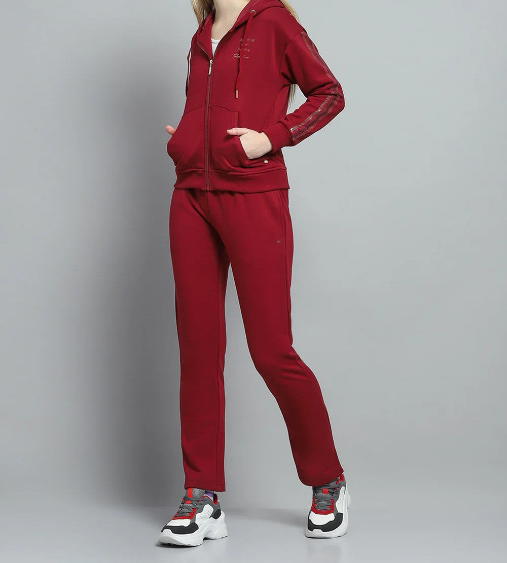 Women Maroon Printed Hooded Full Sleeve Tracksuit